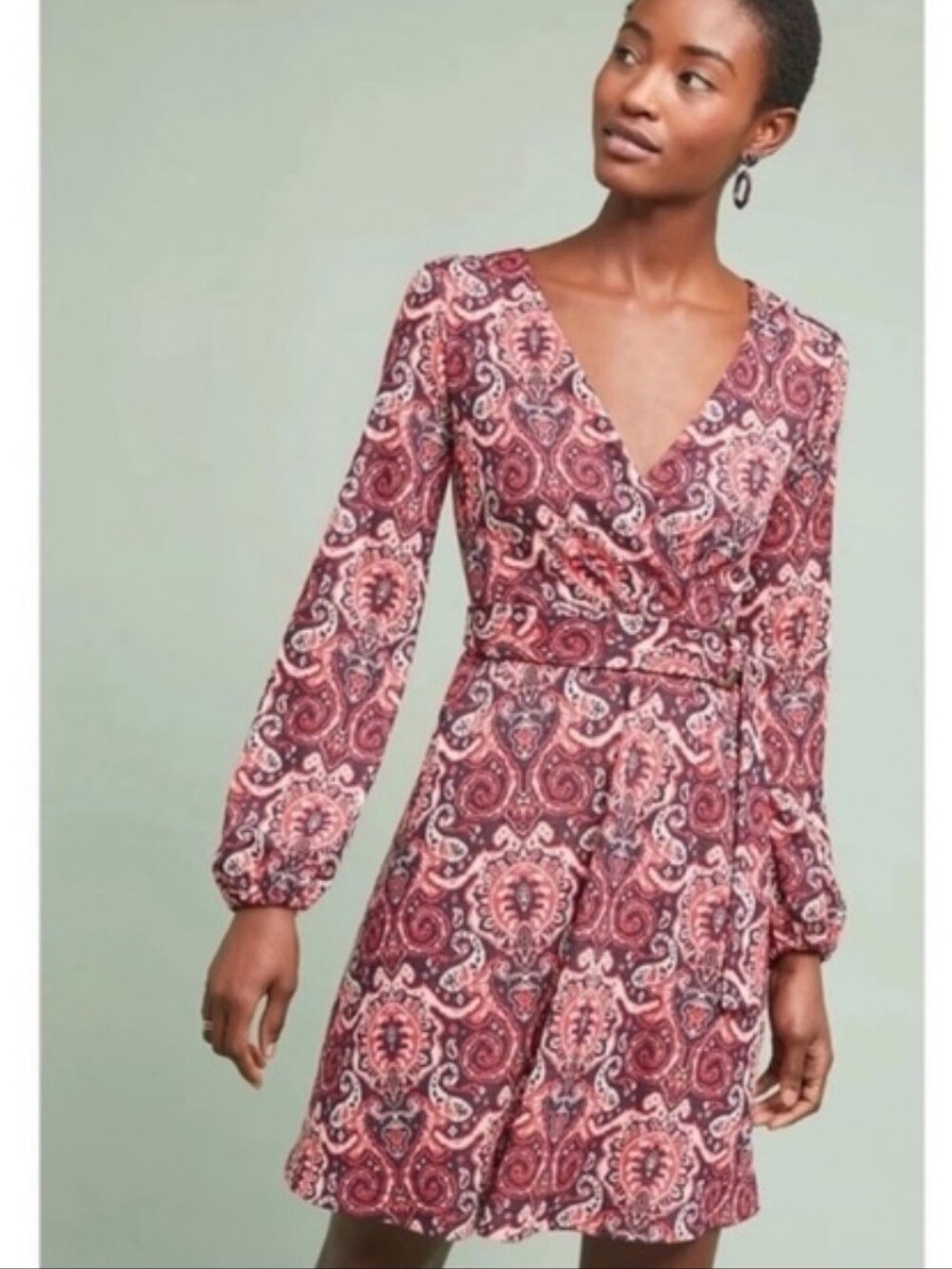 Anthropologie Maeve Burgundy and Pink Paisley Wrap-Style Long Sleeve Dress